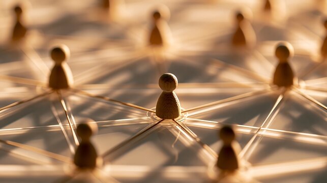 Wooden pawn figurines interconnected with string web network on glowing surface