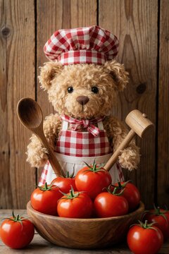 Plush bear chef wears gingham apron and hat. Holds wooden spoon and mallet. Bowl of fresh tomatoes sits before him. Background is rustic wood planks.