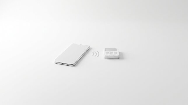 Minimalist white smartphone making a contactless payment with a small card reader device on a clean white background, high key lighting