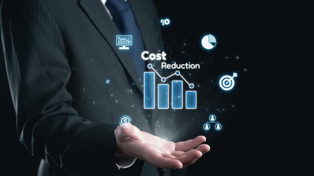 A confident business professional showcases digital icons and graphs representing cost reduction in a dark setting, emphasizing finance and strategic development. Qubit
