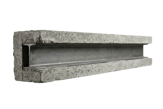 Precast concrete beam with metal reinforcement channel.