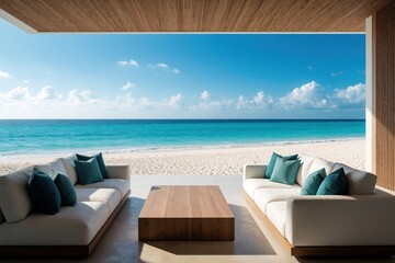Naklejka premium Luxury villa patio overlooks white sand beach and turquoise ocean water under blue sky with clouds. Modern outdoor living space with sofas and coffee table offers serene tropical getaway.