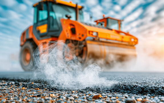 Road roller compacting hot asphalt with steam rising