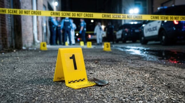 Crime Scene Investigation Evidence Markers And Police Cars At Night