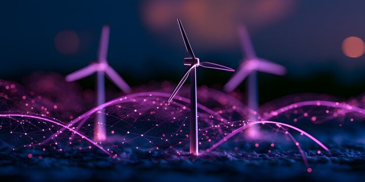 Futuristic wind turbines generate sustainable green energy across a glowing digital landscape with vibrant purple neon lines and dark bokeh backgrounds