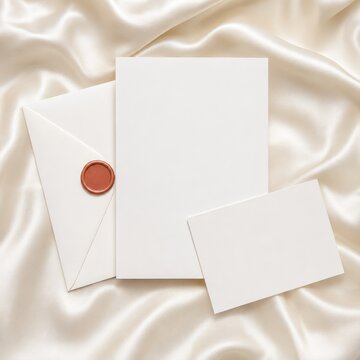 Blank Wedding Suite Flat Lay on Cream Silk with Wax Seal for Event Design