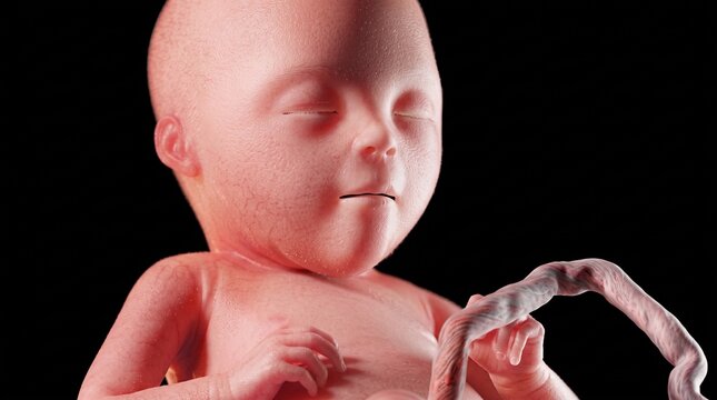 Human fetus at 21 weeks with umbilical cord 3D illustration