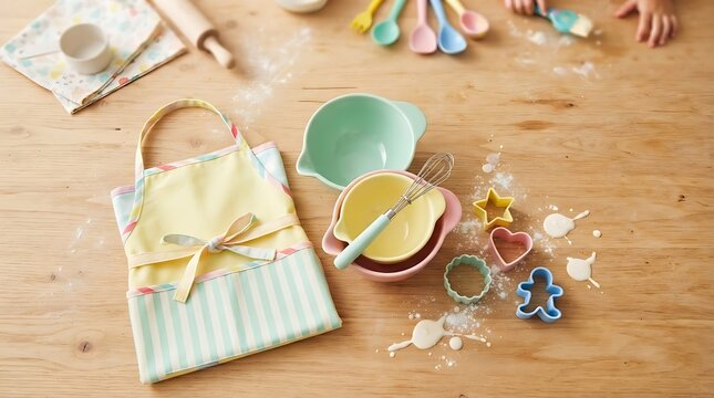 Celemek Anak dan Peralatan Memanggang Kue di Atas Meja Kayu