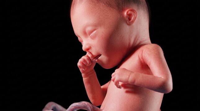 Human fetus at 25 weeks showing prenatal development 3D illustration