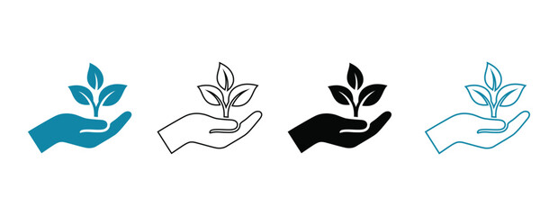 Fototapeta premium Set of hand holding a plant icons representing environmental protection sustainability and nature conservation in various styles