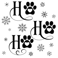 Naklejka premium Ho Ho Ho with heart paw prints and scattered snowflakes