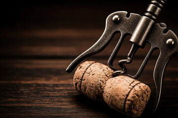 Naklejka premium Metal corkscrew pierces wine cork resting on dark wood. Vintage tool prepares for beverage opening. Rustic scene suggests celebration or quiet enjoyment. Ready for use.