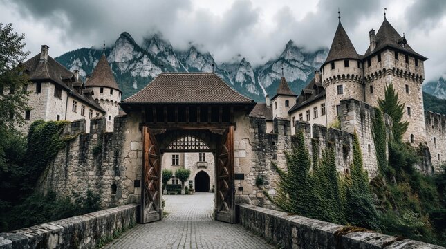 Ancient stone castle gate opens to courtyard. Majestic medieval fortress sits below cloudy mountains. Historic European architecture, fortified walls, and towers loom.
