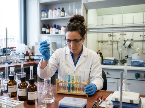 Dedicated Scientist Conducts Chemical Experimentation In A Modern Laboratory Setting