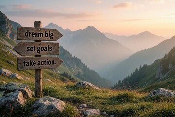 Naklejka premium Wooden signpost in mountains with phrases dream big et goals take action. Scenic landscape with valley fog during sunrise. Inspiration for achievement and success.