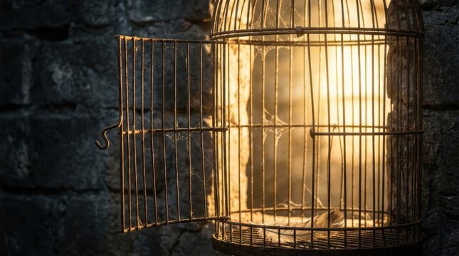 Old rusty bird cage with an open door, illuminated by a warm light in a dark, mysterious room.