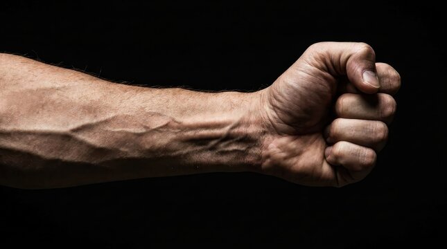 Strong male arm with prominent veins and clenched fist against a dark background, symbolizing power and determination.