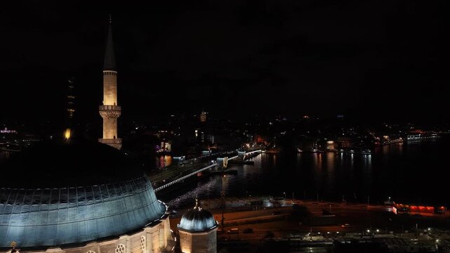 Istanbul Turkey Night Aerial Flight from Eminonu Toward Galata Tower