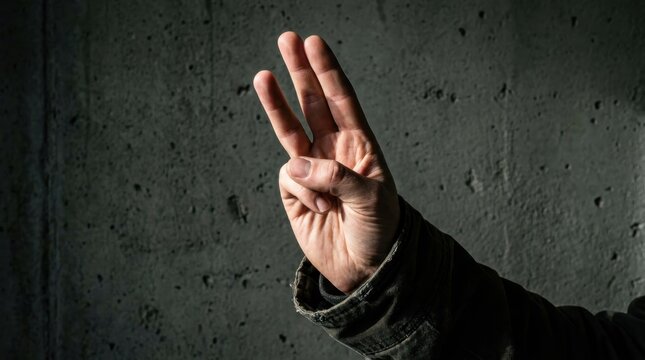 A hand making a three-finger gesture against a dark, textured background, symbolizing a count or a specific sign.