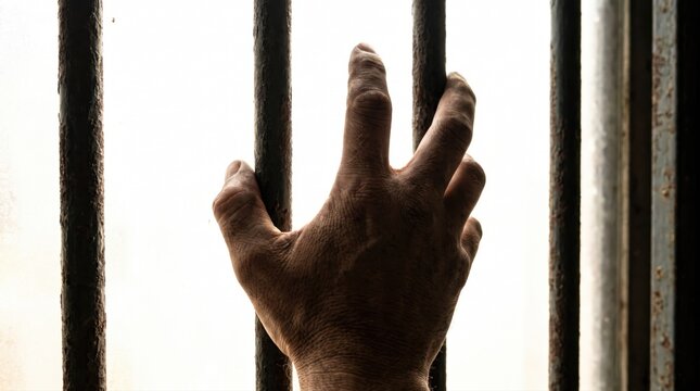 A hand grasping prison bars, symbolizing captivity, despair, and the desire for freedom and release from confinement.