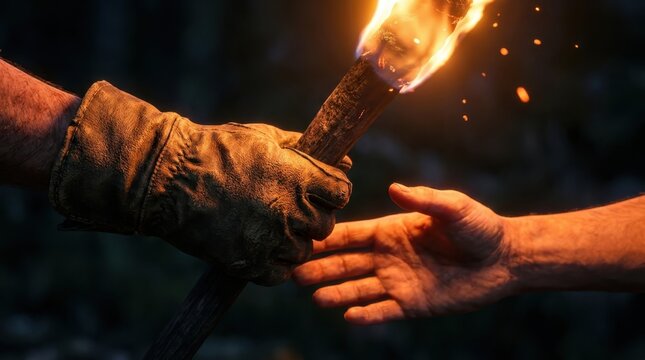 A gloved hand passing a lit torch to another bare hand in a dark, dramatic setting, symbolizing knowledge, tradition, or hope.