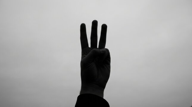 Silhouette of a hand showing three fingers against a cloudy sky, symbolizing counting or a specific number.