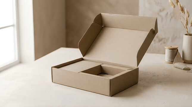 Open cardboard box on a light colored surface with neutral background tones