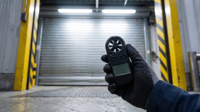 Hand holding an anemometer to measure air velocity near an industrial roller shutter door, indicating air flow and environmental conditions.