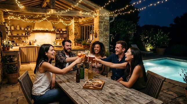A group of diverse friends toasting with drinks at an outdoor dinner party at night with illuminated string lights cocktails while sitting table patio illuminated