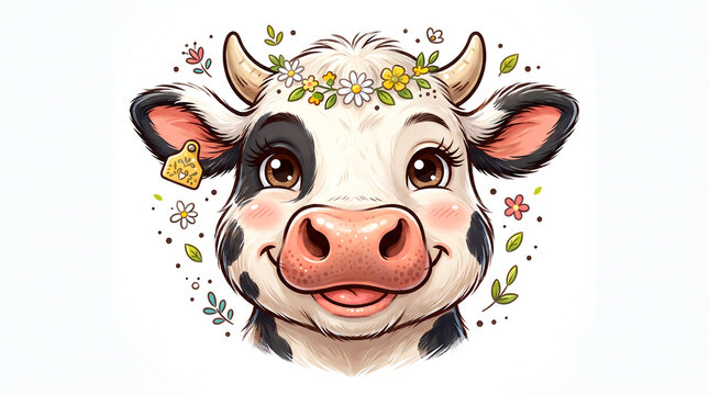 Beautiful cartoon design of cow face, illustration on white background, copy space