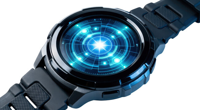 Round digital smartwatch with a glowing blue futuristic radar display, isolated on transparent background