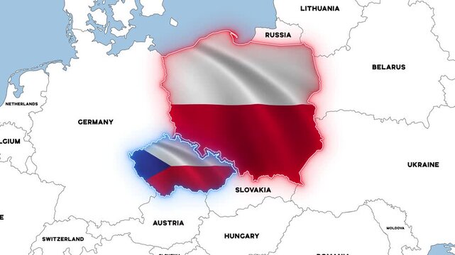 4K animation of a map of Central Europe illustrating a hypothetical political union between the Czechia and Poland.