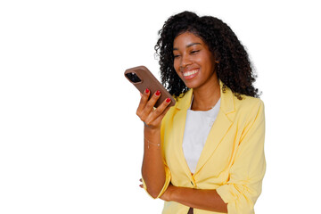 Young african american woman smiling, looking at phone screen, enjoying digital communication....