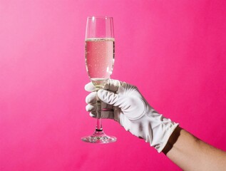 Naklejka premium Hand in white glove holds champagne flute with bubbly drink. Pink background sets festive mood for celebration. Elegant toast for special event or party occasion.