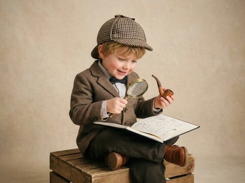 Young Detective Examining Clues With Magnifying Glass And Pipe