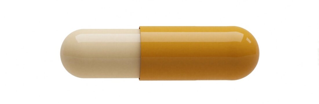 A single oblong capsule pill with a beige body and a mustard yellow cap sits isolated on a clean white background, ready for medical or supplement use.