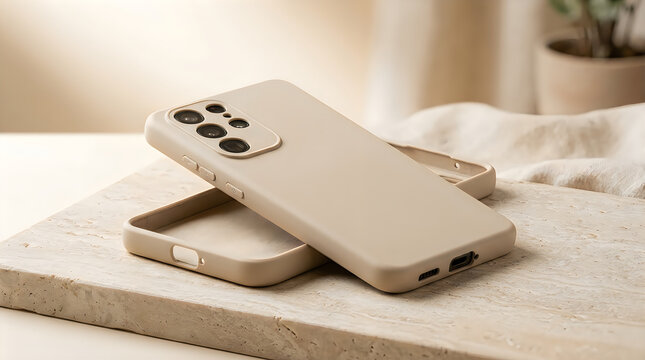 Smartphone protective cases in neutral tones displayed on a light colored surface