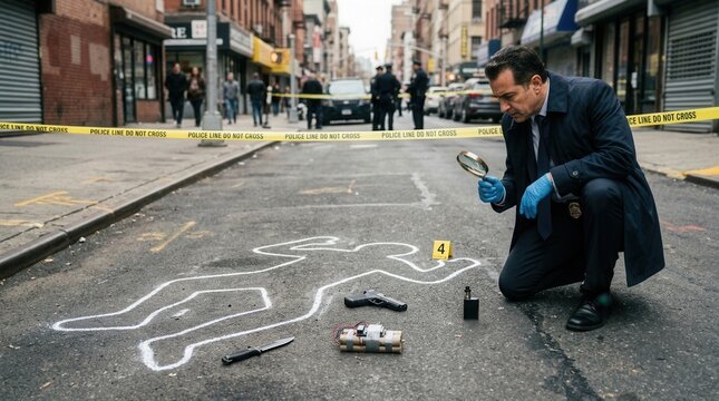 Detective Investigates Crime Scene With Chalk Outline And Evidence On City Street