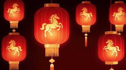 Naklejka premium Red lanterns with horse symbols glow warmly, signifying luck and prosperity for the Lunar New Year. Festive Asian decorations create a vibrant, auspicious mood for celebrations and cultural events.