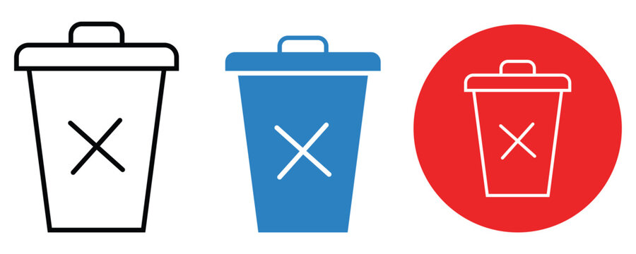 Trash can delete icons in outline flat and circle design on white remove