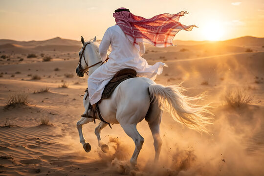Saudi Arabian horse rider in traditional white thobe and red shemagh galloping on desert sand dunes at sunset