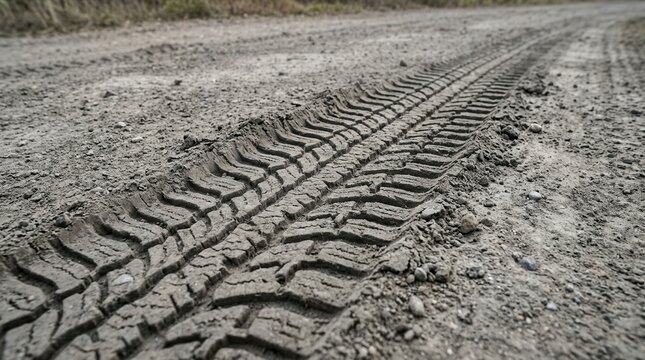 Detailed Tire Tracks On A Dry Dirt Road Surface Close Up