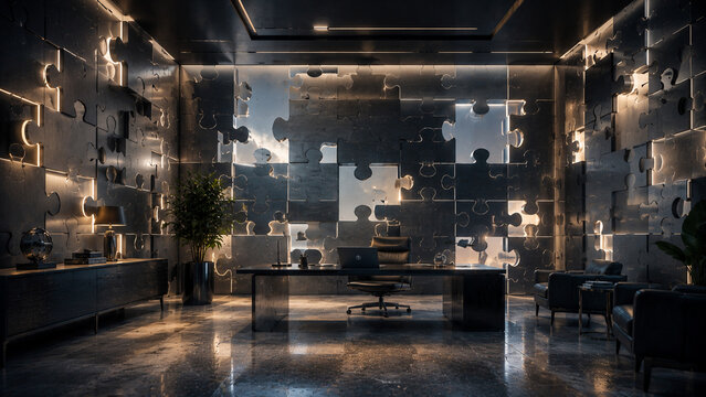 Modern luxury office interior with futuristic walls made of interlocking puzzle pieces and glowing indirect lighting, symbolizing strategy, business solutions, and innovative design