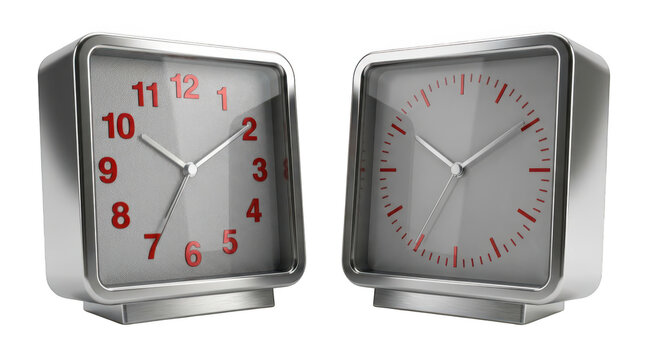 Two modern square silver alarm clocks with red numbers and clock hands, isolated on transparent background