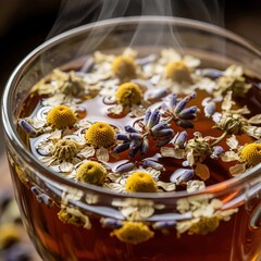 Naklejka premium Close up of hot herbal tea with chamomile and lavender flowers floating in cup. Steam rises from beverage. Gentle aroma hints at calming relaxation and wellness properties for peaceful moments.