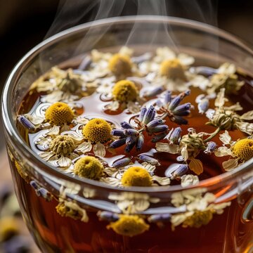 Close up of hot herbal tea with chamomile and lavender flowers floating in cup. Steam rises from beverage. Gentle aroma hints at calming relaxation and wellness properties for peaceful moments.