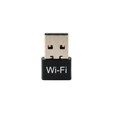 Small black usb wifi network adapter dongle with text isolated on transparent background