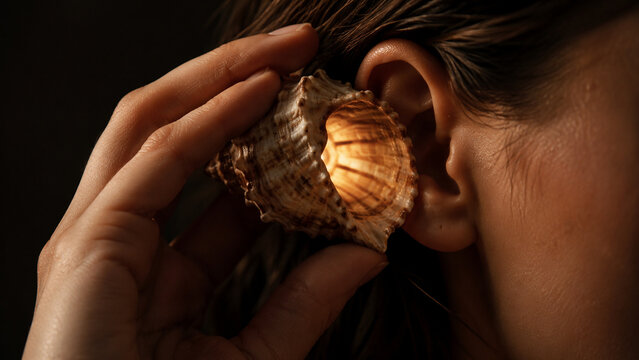 Hand holding a glowing seashell to an ear, listening to the magical sound of the ocean, symbolizing imagination, dreams, inner voice, inspiration, nature, and deep meditation   