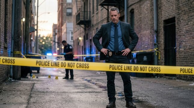 Detective Oversees Crime Scene Investigation In Gritty Urban Alleyway