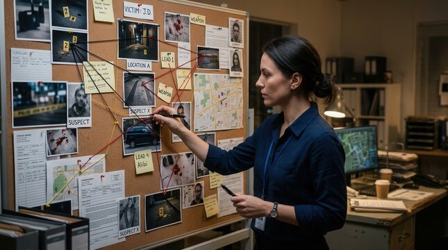 Detective Analyzing Suspicious Evidence Board In Crime Investigation Office